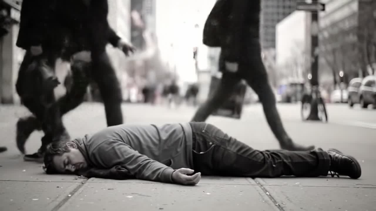 A Bystander Lies Unconscious on a Busy City Street, Surrounded by Passersby Oblivious to the Disturbing Scene of Distress and Neglect