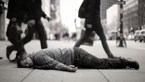 a bystander lies unconscious on a busy city street, surrounded by passersby oblivious to the disturbing scene of distress and neglect