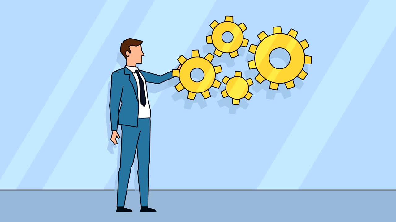 Flat cartoon businessman character rotates golden gears animation