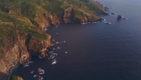 Rough-coastline-near-Mosteiro-town-in-Flores-Azores,-aerial