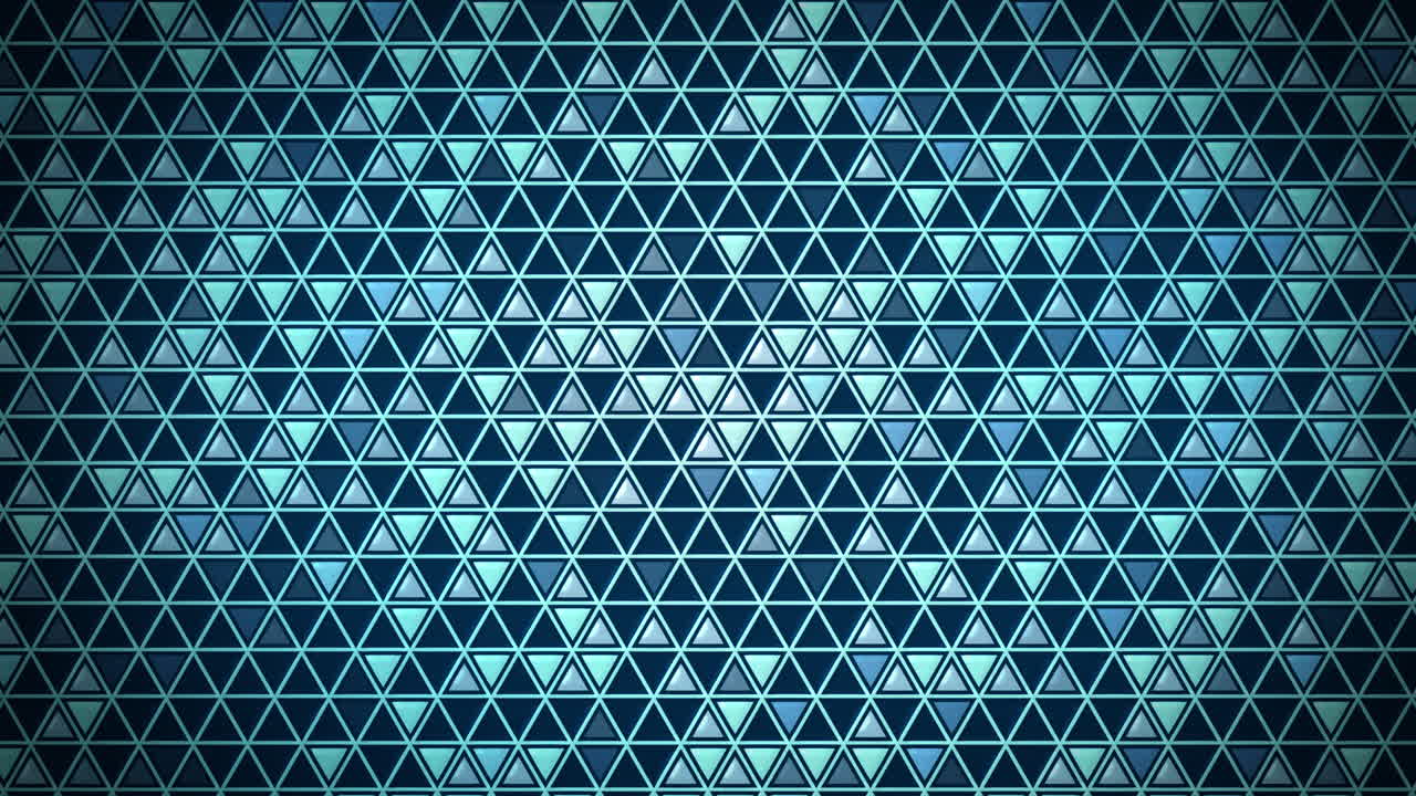 Abstract background repetitive small triangles in various shades of blue and teal with dark vignette edges. Loop animation. Geometric triangle pattern with glowing effect