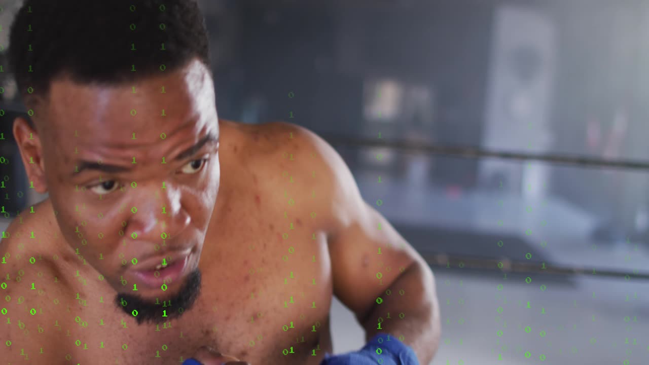 Boxer bracing, throwing jabs and hooks in boxing drill with blue wraps, binary overlaying frame