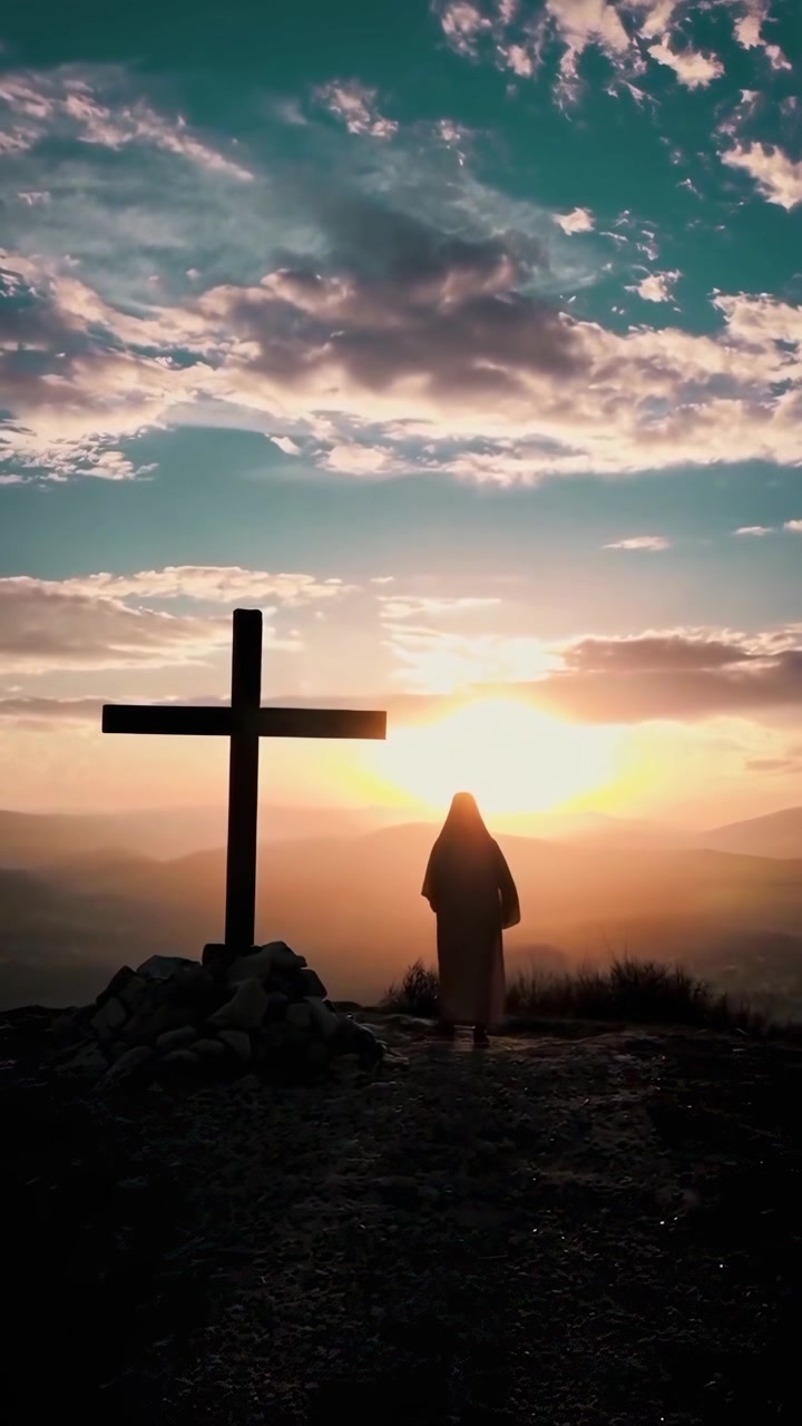 Silhouette di una figura spirituale che cammina verso una croce al tramonto