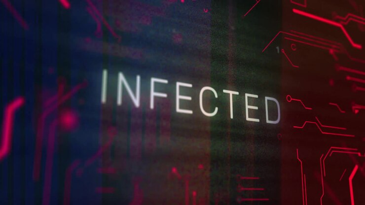 Animation of infected text over data processing and server room
