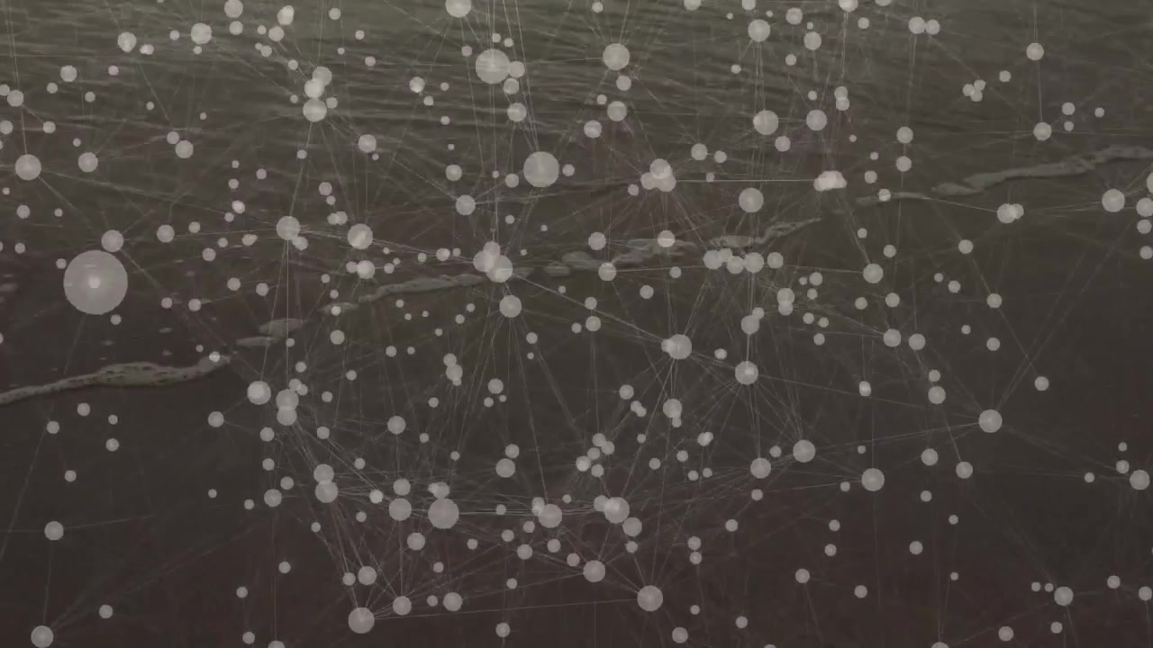 Translucent nodes shifting and background fading revealing shoreline blending data into beach scene