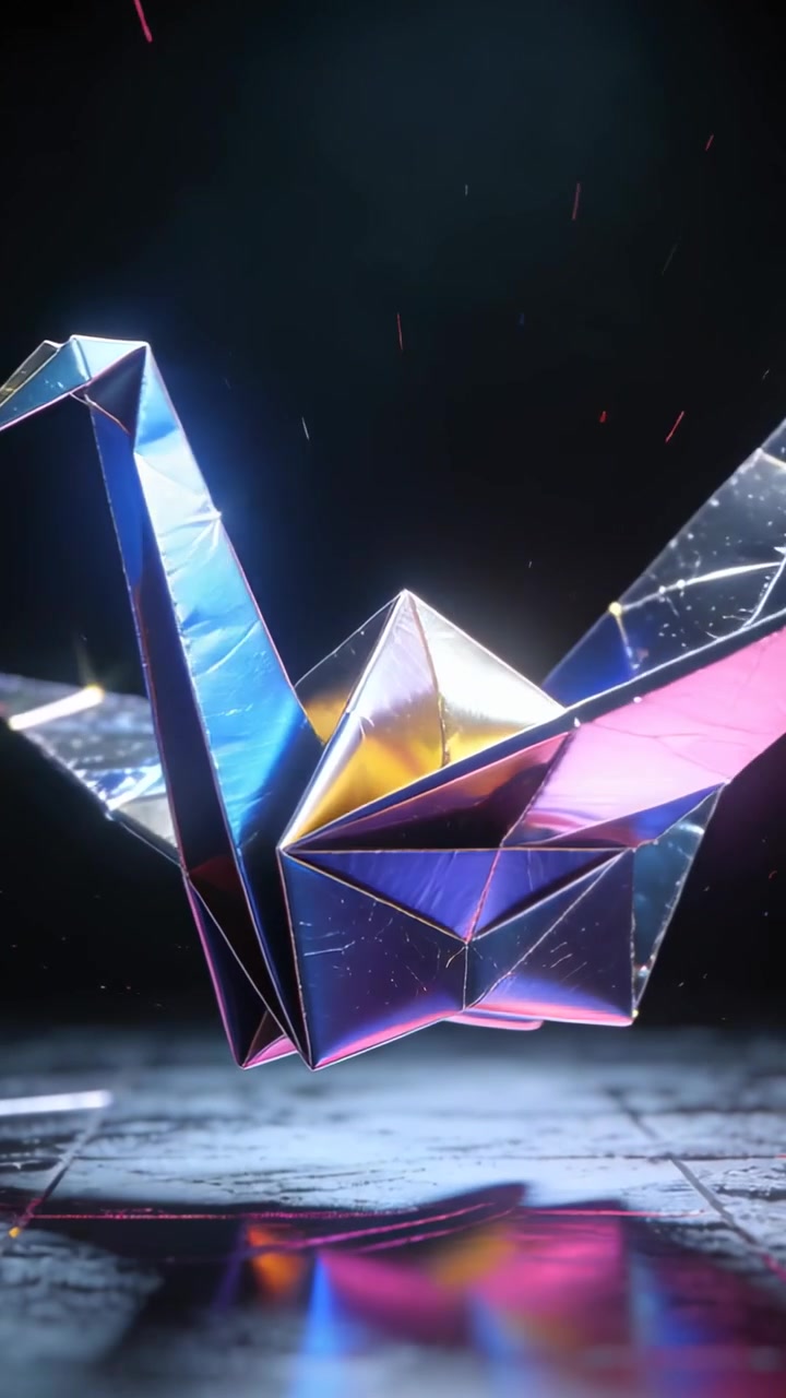 Vídeo vertical: Garça de origami metálica girando, reagindo à mudança de luz em azulejos escuros, refletindo