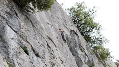 male climber ascending on cliff in summer