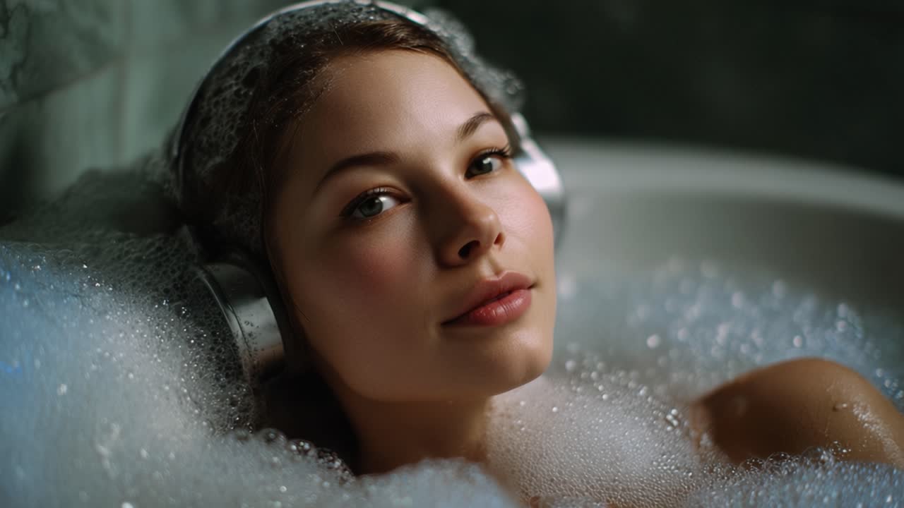 Relaxing Bath Experience: A Young Woman Enjoys Music in a Bubble-Filled Bathtub, Wearing Headphones, Capturing Serenity and Calmness in a Cozy Atmosphere