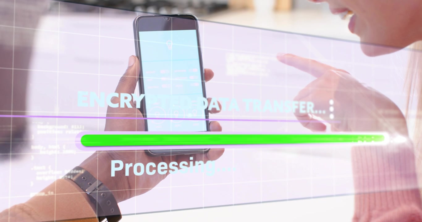 Colleagues pointing at smartphone screen initiating encrypted data transfer overlay in tech demo