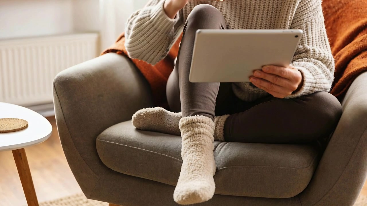 Adjusting fuzzy sock, woman in knit sweater reaching for tea, sipping while holding tablet at home