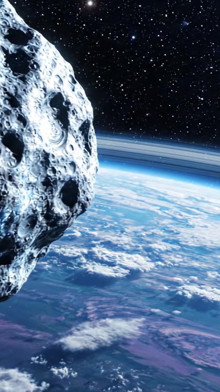 Un paesaggio cosmico mozzafiato: un maestoso asteroide scivola attraverso la vastità dello spazio, dominando l'immensità della Terra e i corpi celesti distanti.