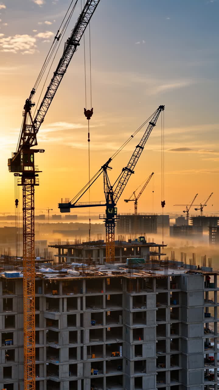 Construction Site with Cranes at Sunrise or Sunset with Fog