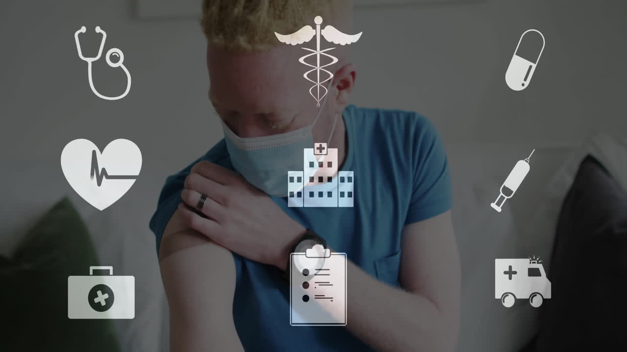 Animering av medicinska ikoner över albinoman i ansiktsmask
