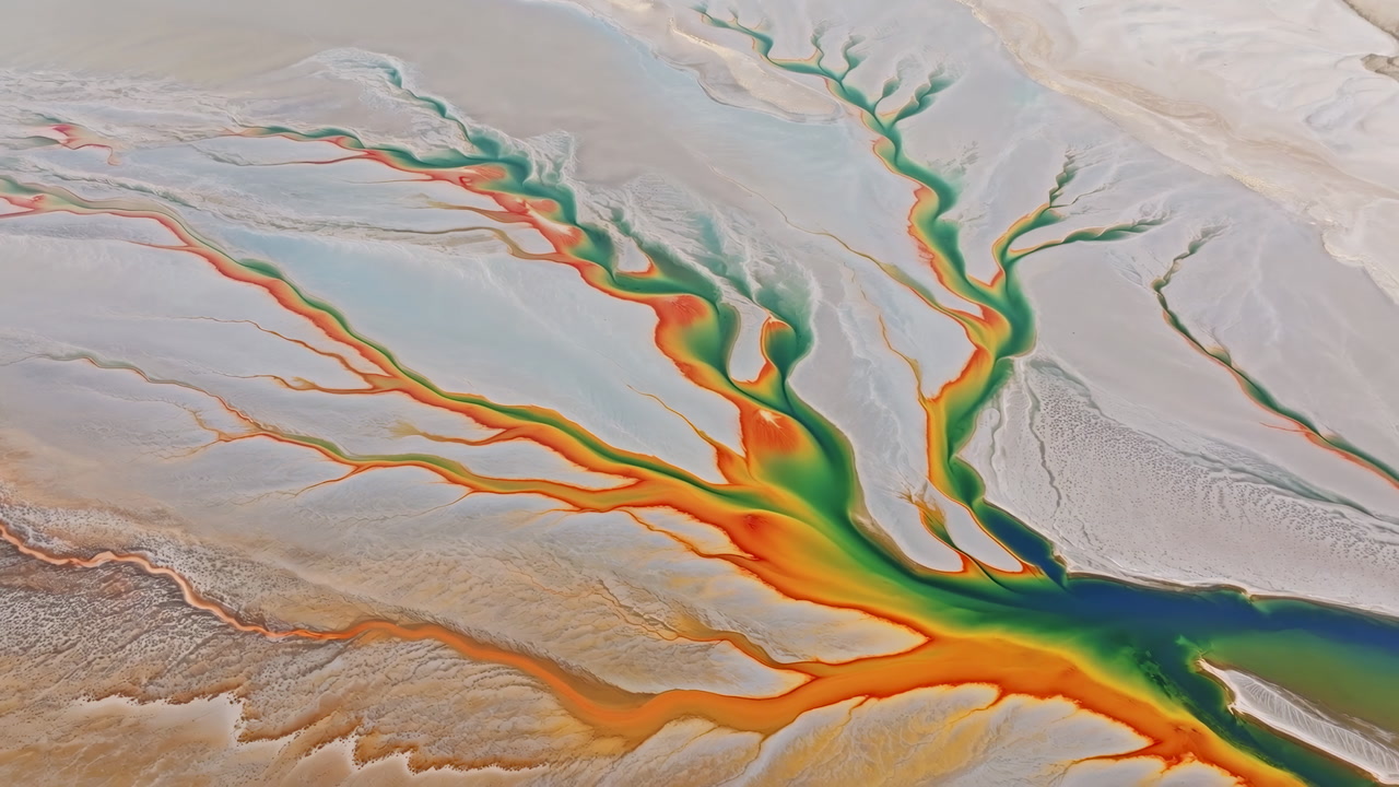 Abstract Aerial Landscape with Vibrant Flowing Water Patterns