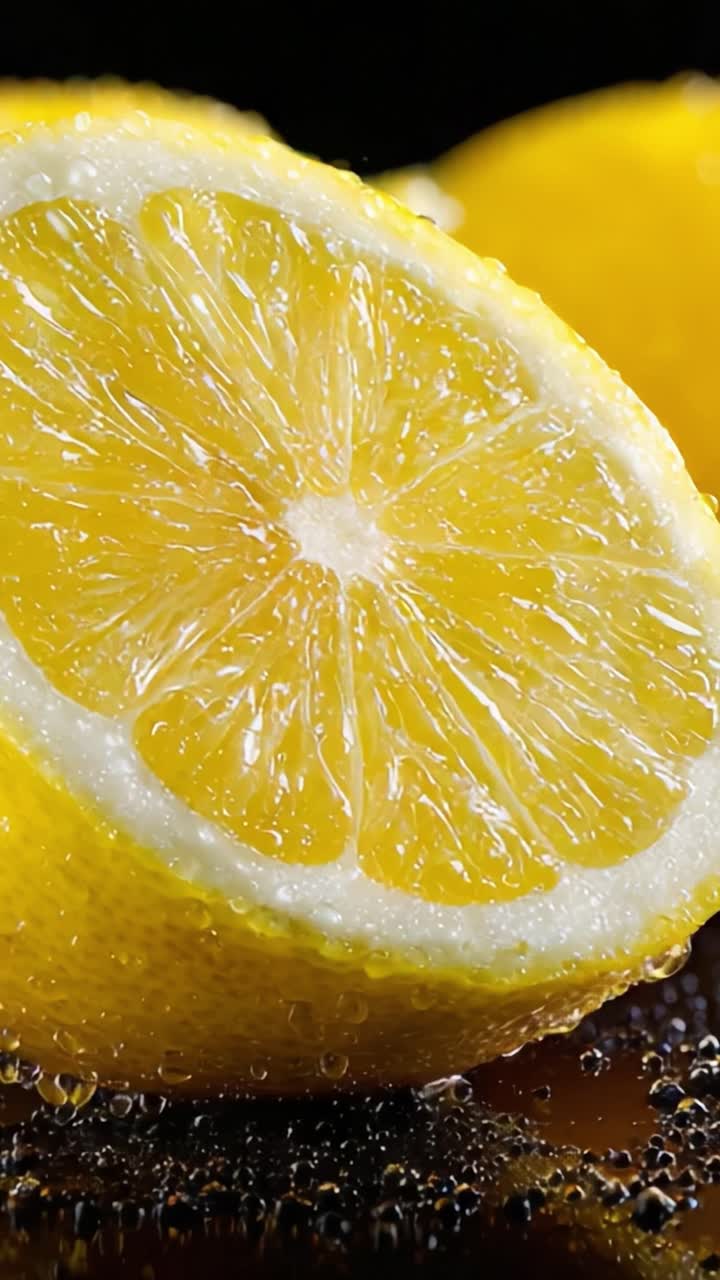 Metà limone appena tagliato con spicchi succosi e superficie lucente, che mette in mostra il colore giallo vivido e le goccioline d'acqua su sfondo scuro