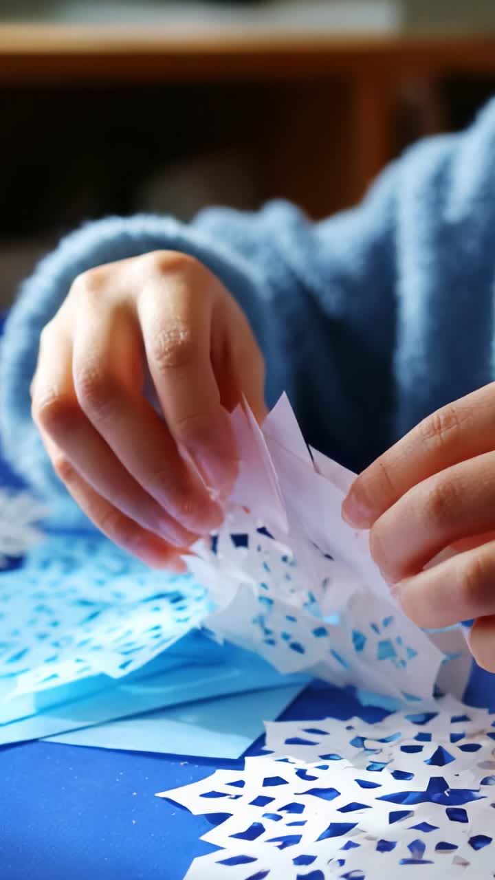 A Creative Journey: Crafting Intricate Paper Snowflakes with Careful Hands, Showcasing the Beauty of Handmade Art and the Joy of Crafting in a Cozy Indoor Setting