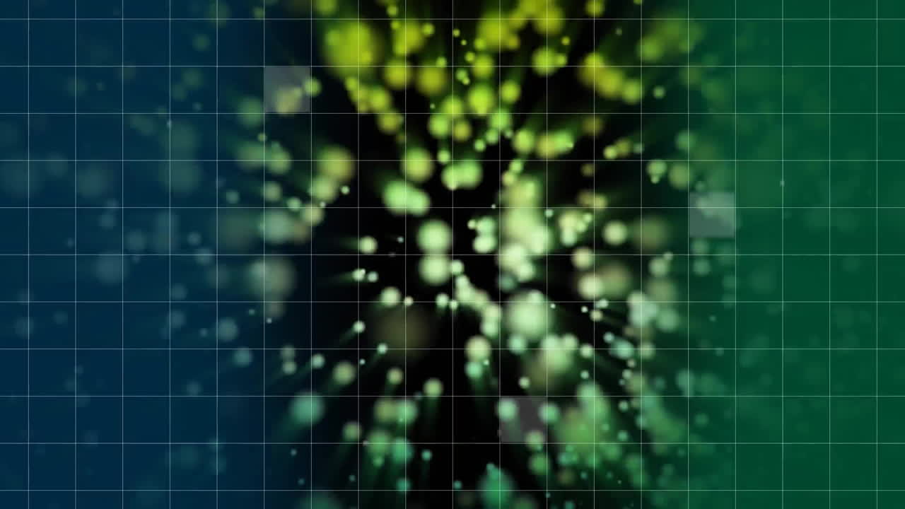 Animation of glowing light spots moving on seamless loop on grid over dark background