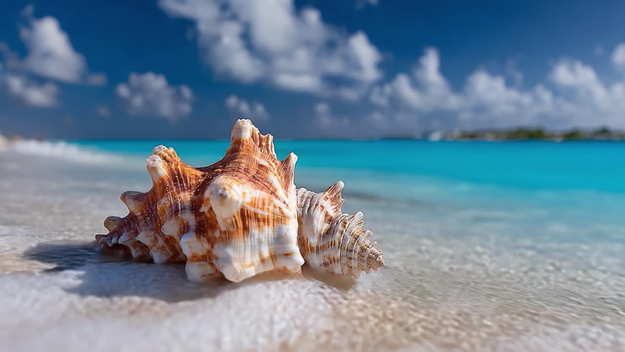 A Stunning Close-Up of a Vibrant Seashell on Pristine Sandy Beach with Gentle Waves and Crystal-Clear Turquoise Waters Under a Bright Blue Sky