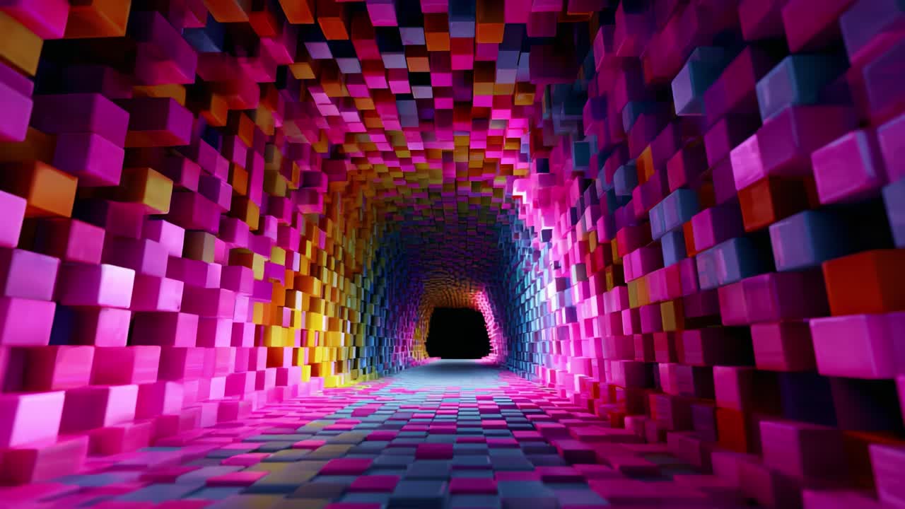 A Vibrant, Colorful Tunnel of Cubes: An Abstract Journey Through a Digital Realm of Pink, Purple, and Yellow Blocks Leading to an Unseen Destination, Capturing a Whimsical and Artistic Perspective