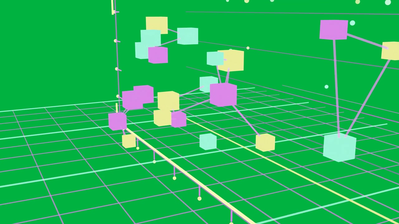 Neon bar appearing, pastel cubes clustering on grid, linking to rail or pole showing data, transpare