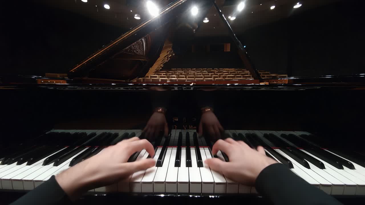 A Captivating Moment of Musical Expression: The Pianist's Fingers Dance Across the Keys in an Intimate Concert Setting, Highlighting the Beauty of the Performance and the Artistry of Music Creation