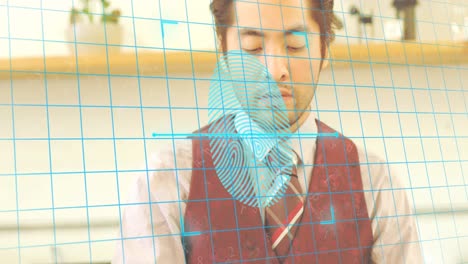 animation of scanning biometric over grid pattern against asian man using digital tablet