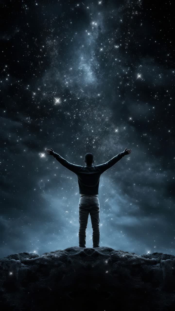 A person stands on a rocky surface gazing at a star-filled sky. Captured from behind at a low angle