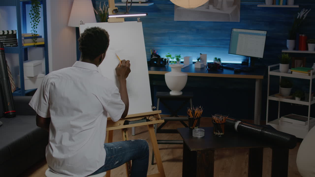 African american artist working on white canvas with drawing