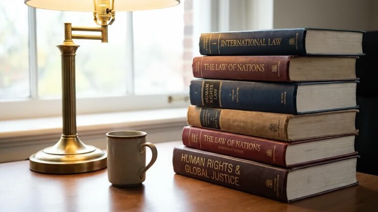 Pila di libri di legge e una lampada su una scrivania di legno
