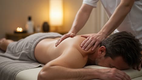 a relaxing massage session featuring a skilled therapist providing soothing treatment to a relaxed individual in a serene spa environment