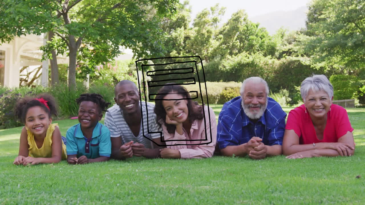 Animation of notebook icon over diverse family smiling