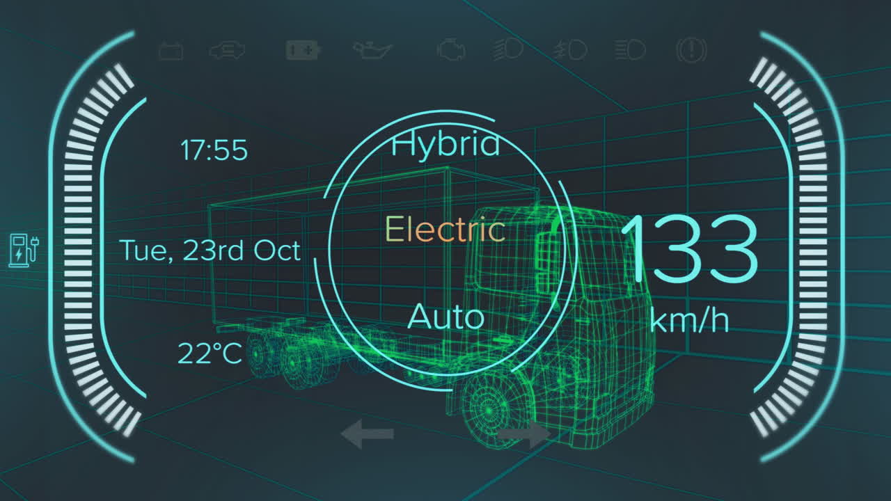 Animation of speedometer and power status data on hybrid vehicle interface, over 3d truck model