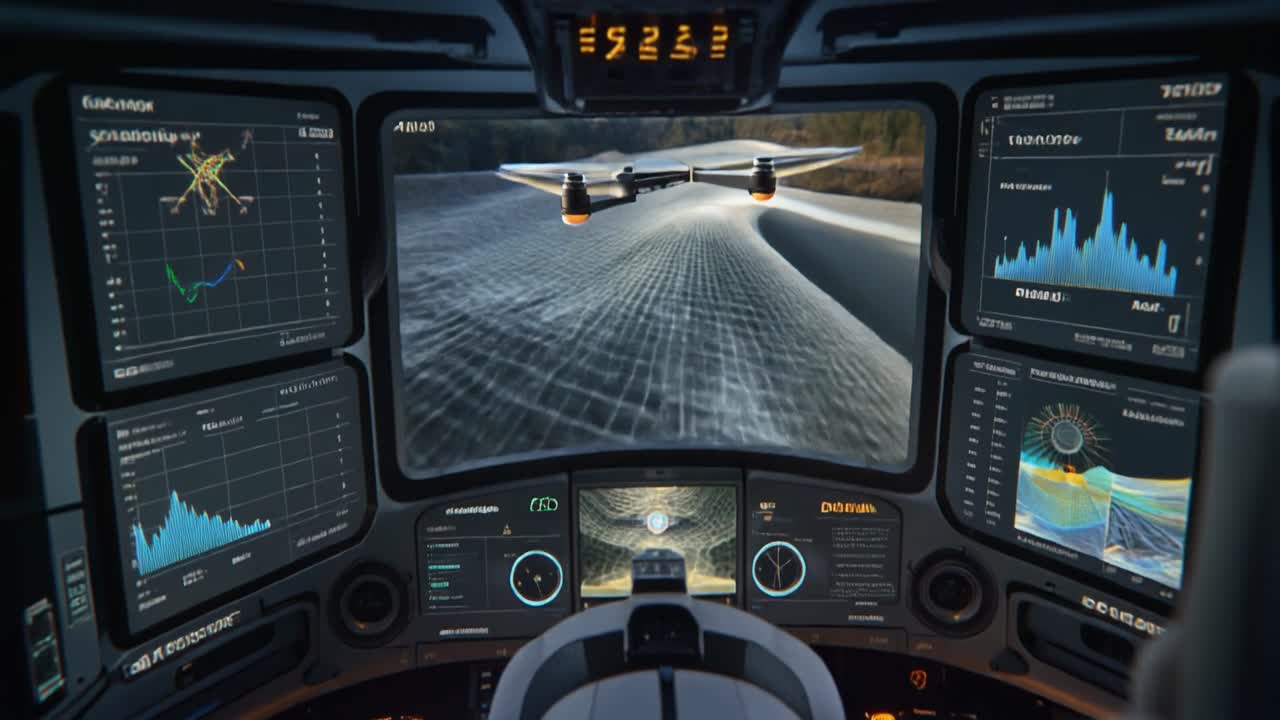 Vista Futuristica dall'Abitacolo con Drone che Sorvola un Paesaggio Desertico e Schermi Dati