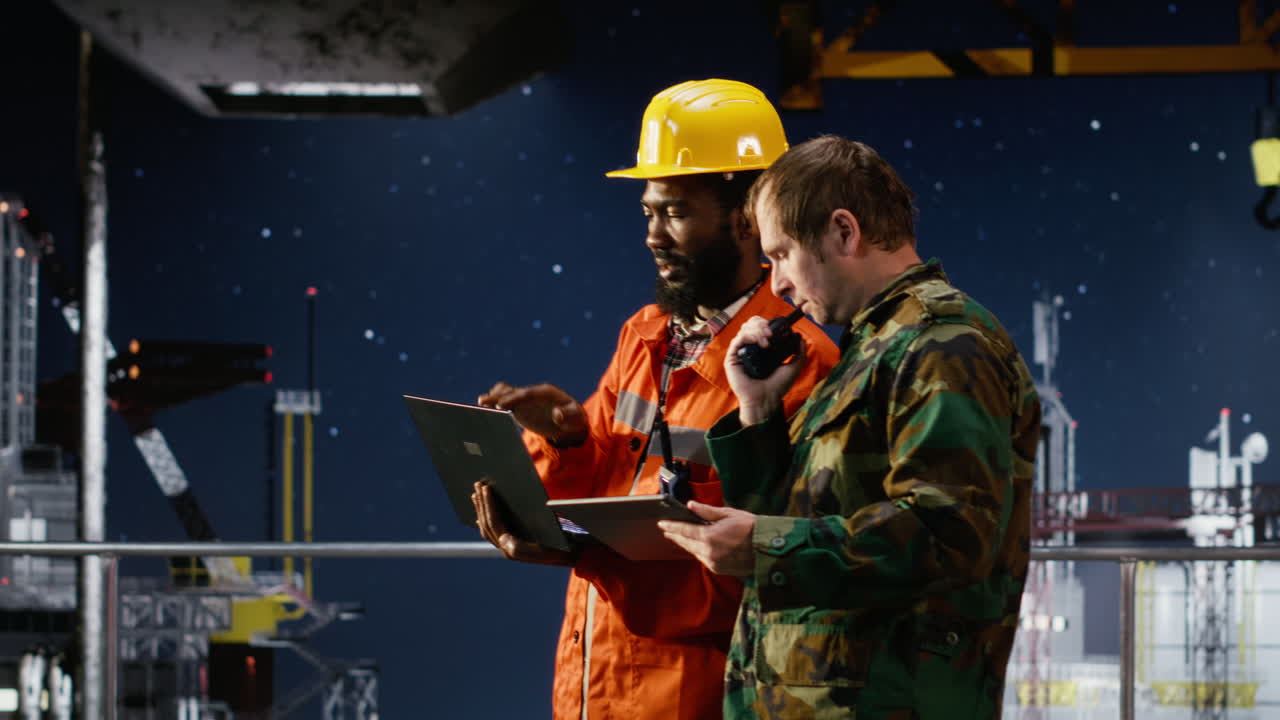 Naval officer and engineer using walkie talkie on oil rig vessel