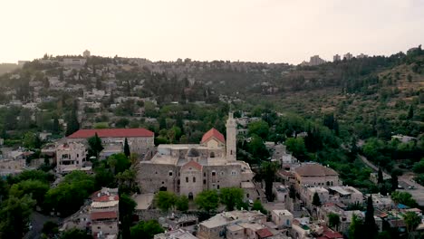 fly over muslim mosque in a small village in the middle of the woods, pastoral view, aerial shot, drone