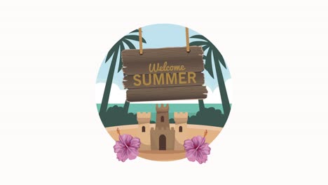 letras de bienvenida de verano con castillo de arena