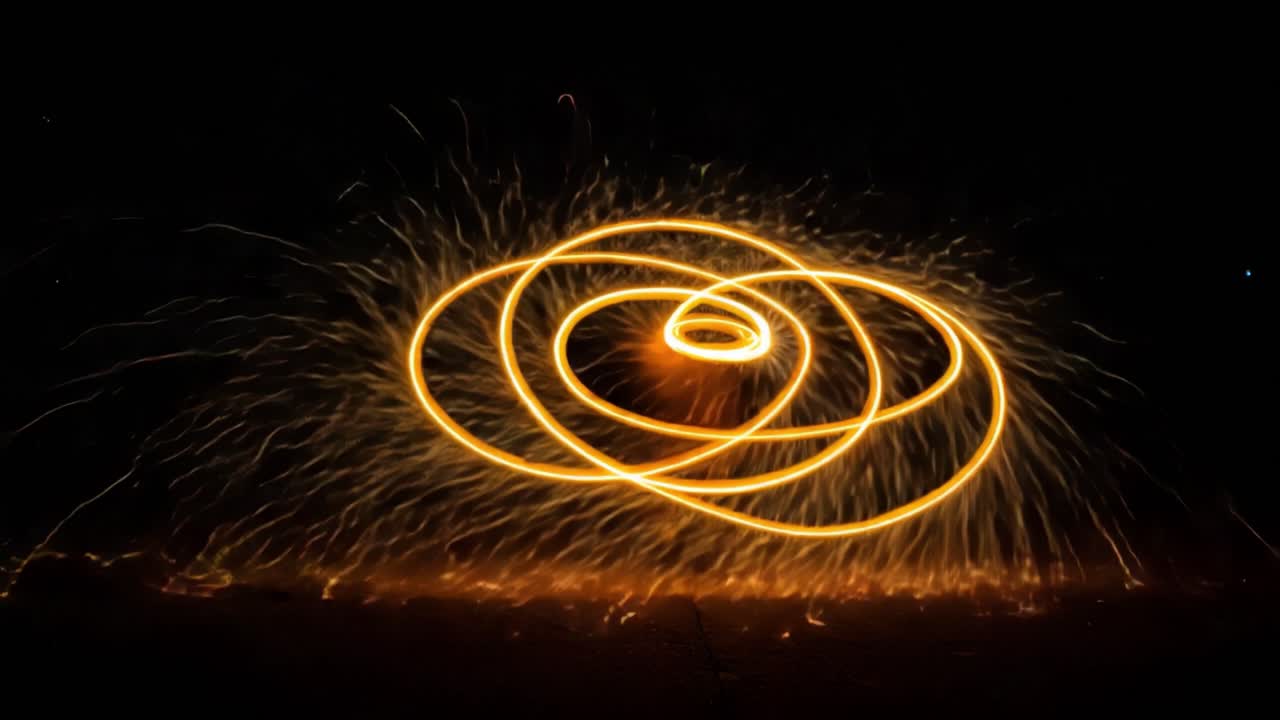 Captivating Patterns of Light: A Mesmerizing Display of Sparkling Firework Trails Crafted Through a Spiraling Motion During Nighttime Celebrations