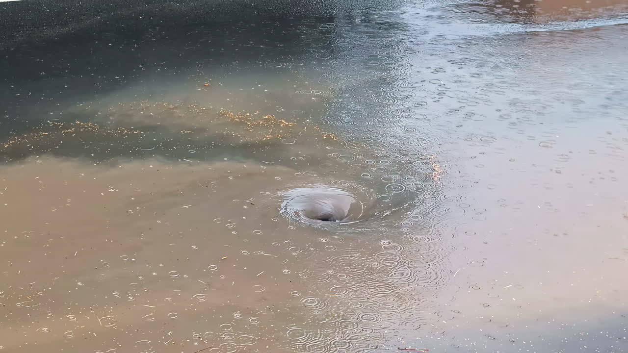 Rainwater vortex swirling in large puddle on street during summer rainfall