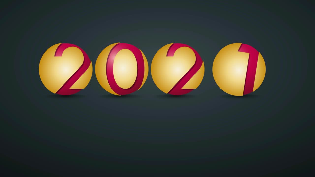 año nuevo abstracto 2021, texto creativo y bolas de oro. animación 2d. imágenes de bucle 4k