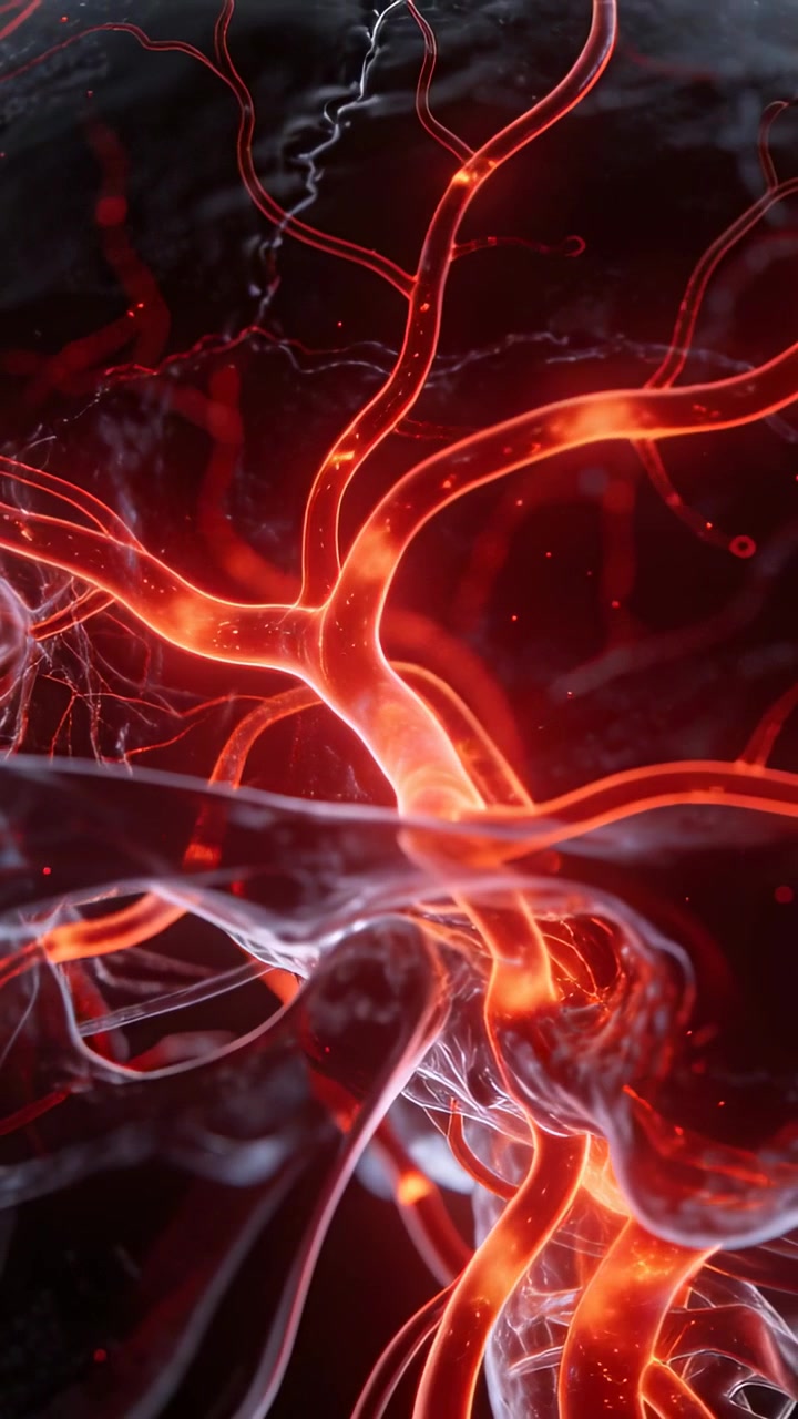 Video verticale: Vasi centrali pulsanti che inviano nodi luminosi verso l'esterno sotto il microscopio, con scintille che fluttuano.