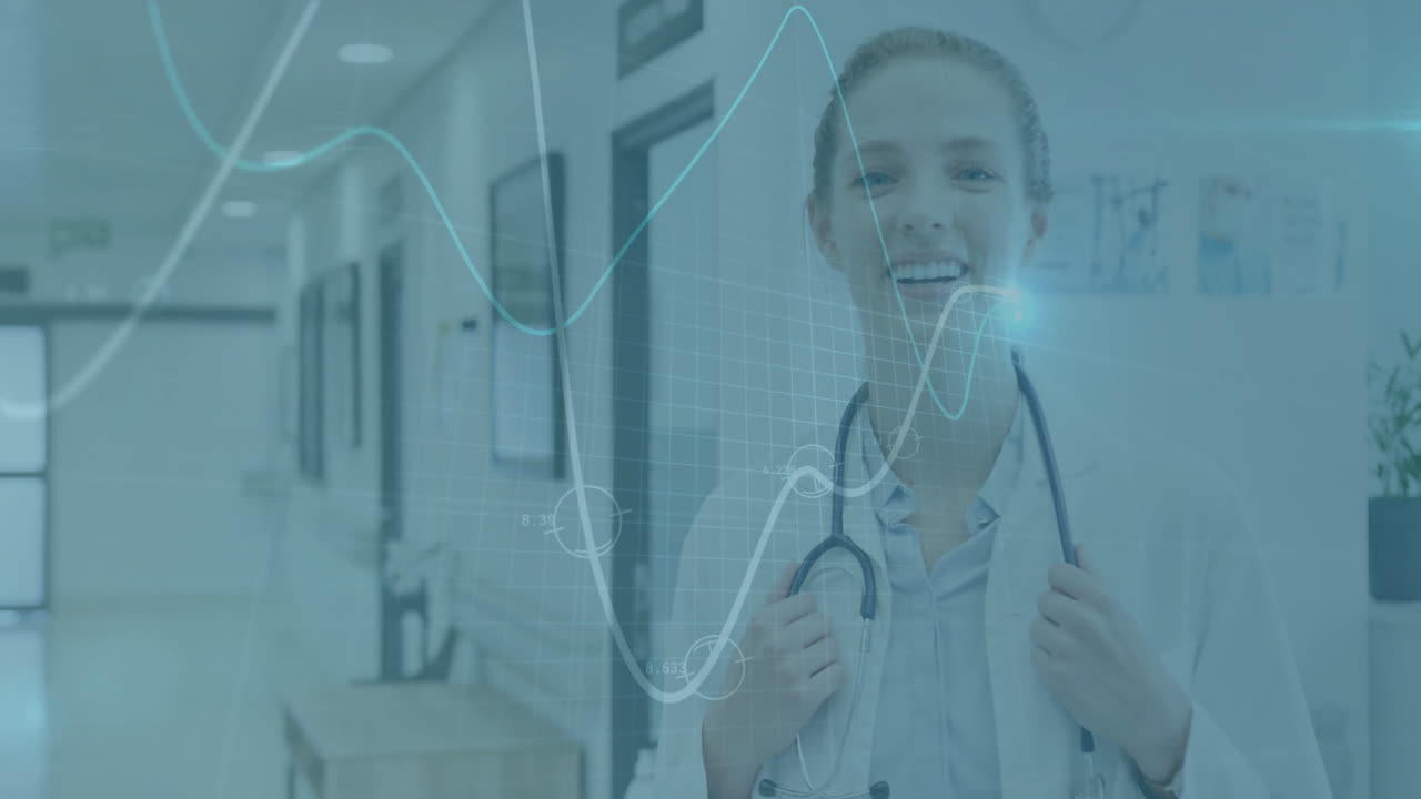 Medical data analysis animation over smiling healthcare professional in hospital corridor