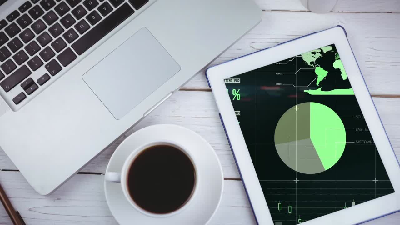 Animation of a digital tablet showing graphs and statistics on the screen
