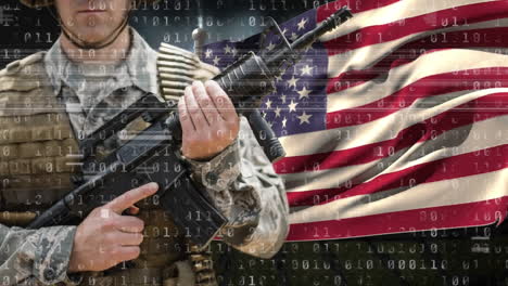 animation of binary code and caucasian male soldier with weapon over flag of usa