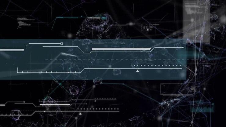 Animation of network of connections with digital data processing over dark background
