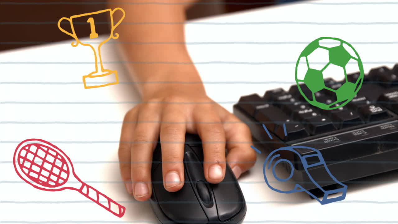 animación de iconos escolares sobre un escolar afroamericano usando el ratón de la computadora