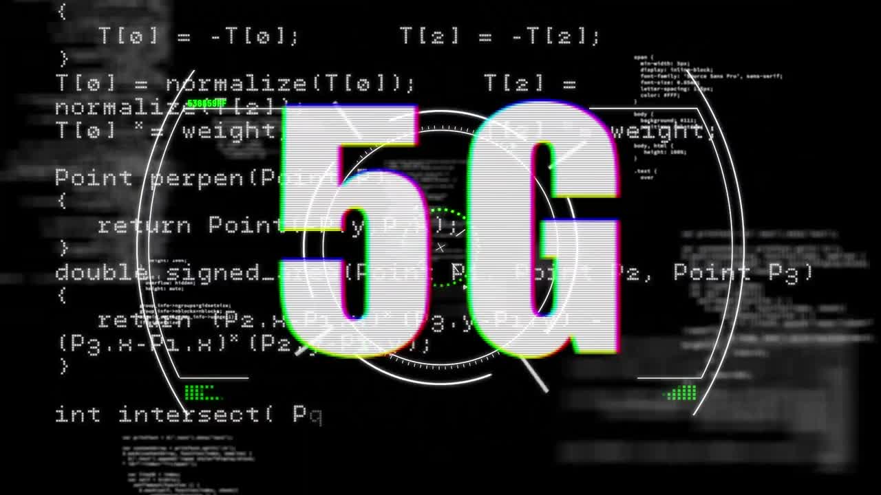 animazione di testo bianco, 5g, con serratura di sicurezza rotante e elaborazione dei dati, su nero