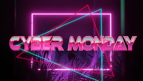 neon lights with cyber monday text and palm leaves in vibrant animation colors