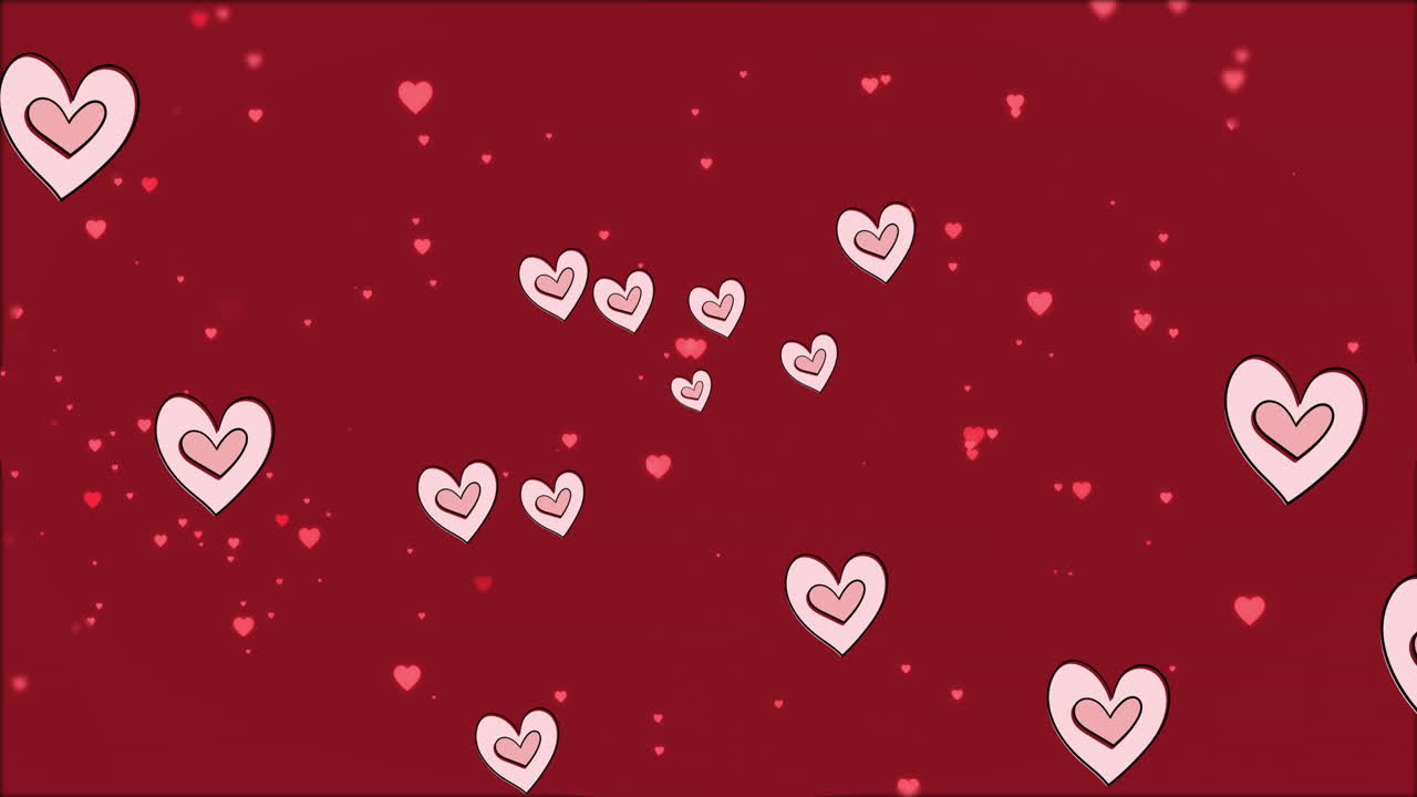 Animazione di icone a forma di cuore bianche che si muovono su sfondo rosso.