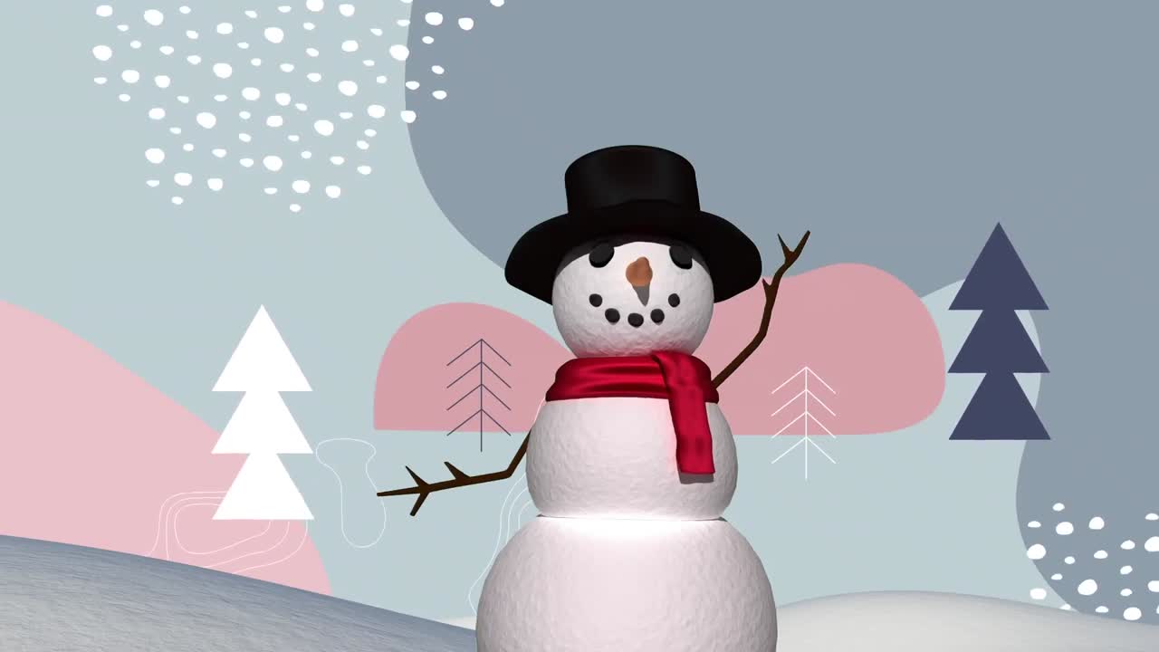 Animation of winter scenery with happy snowman