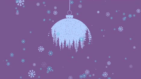 Animation-of-christmas-ball-over-snow-falling-on-pink-background